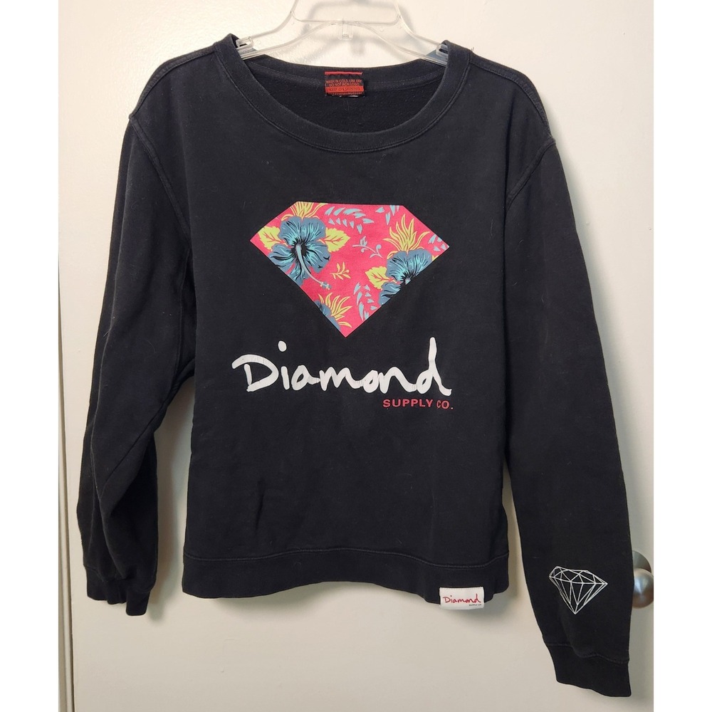 Diamond Supply Co. Women's Lrg Black Graphic Sweatshirt Crew Neck Tropical Logos